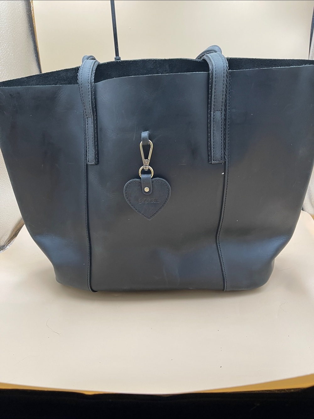S Zone Large Black Leather Tote Raw leather interior Minimalist and durable